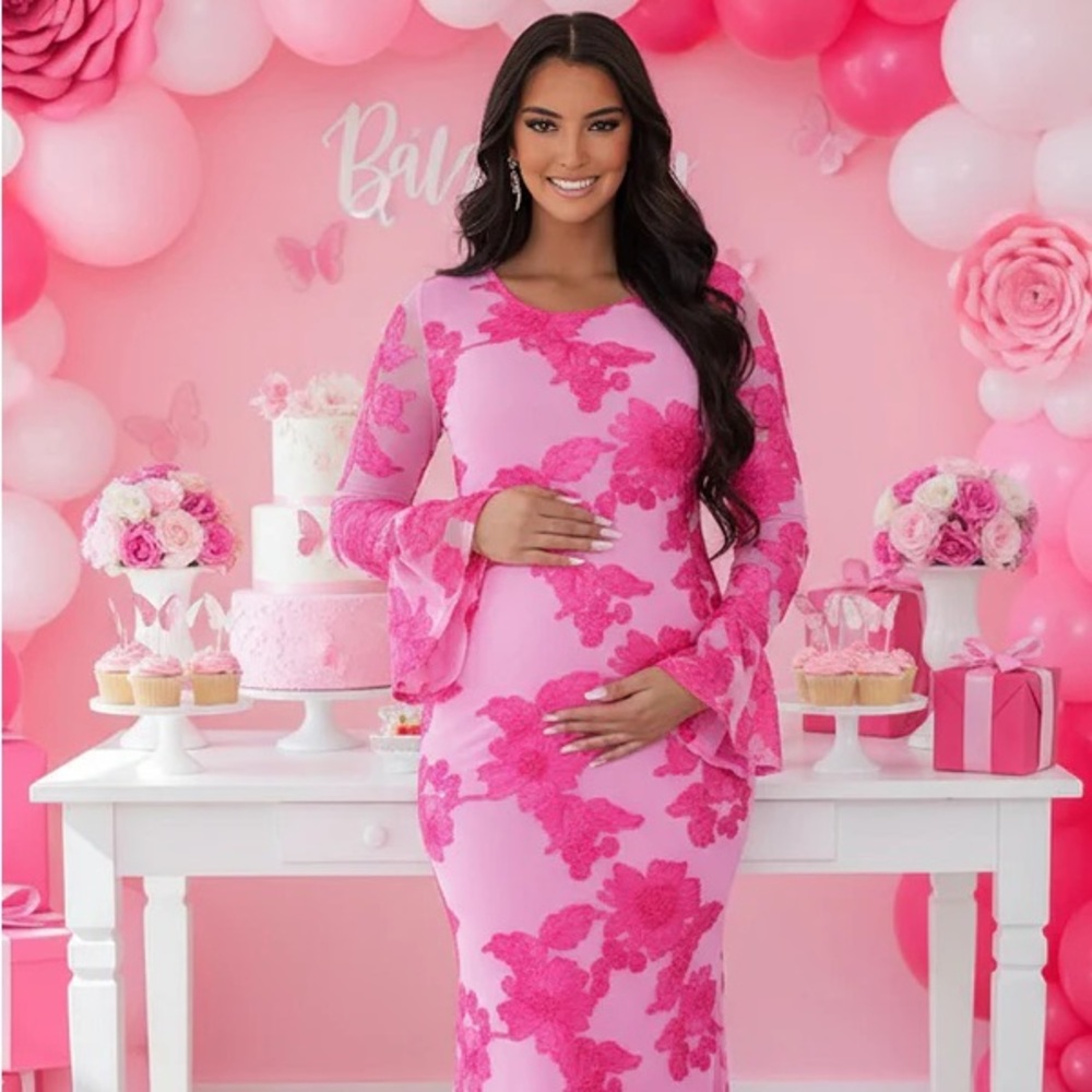 Pink Floral Mesh Maternity Maxi Dress – Baby Shower / Photoshoot – Size M – New